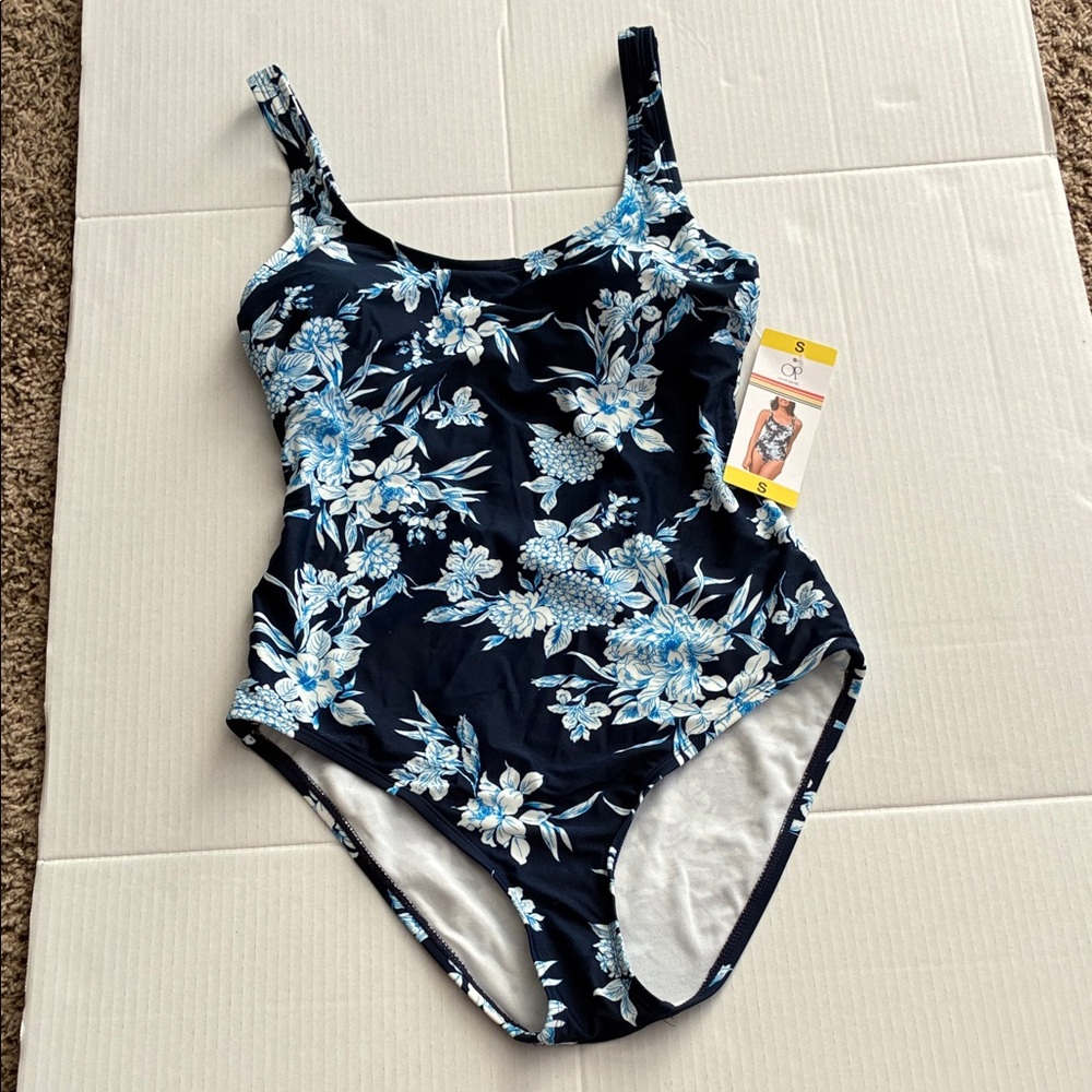 OP Ocean Pacific Swimsuit One Piece Blue White Floral SZ S New with Tag!